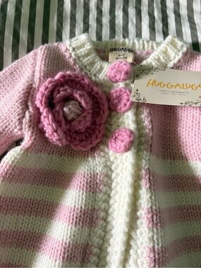 Baby Pink & Cream Striped Knit Baby Sweater  with Flower Embellishment